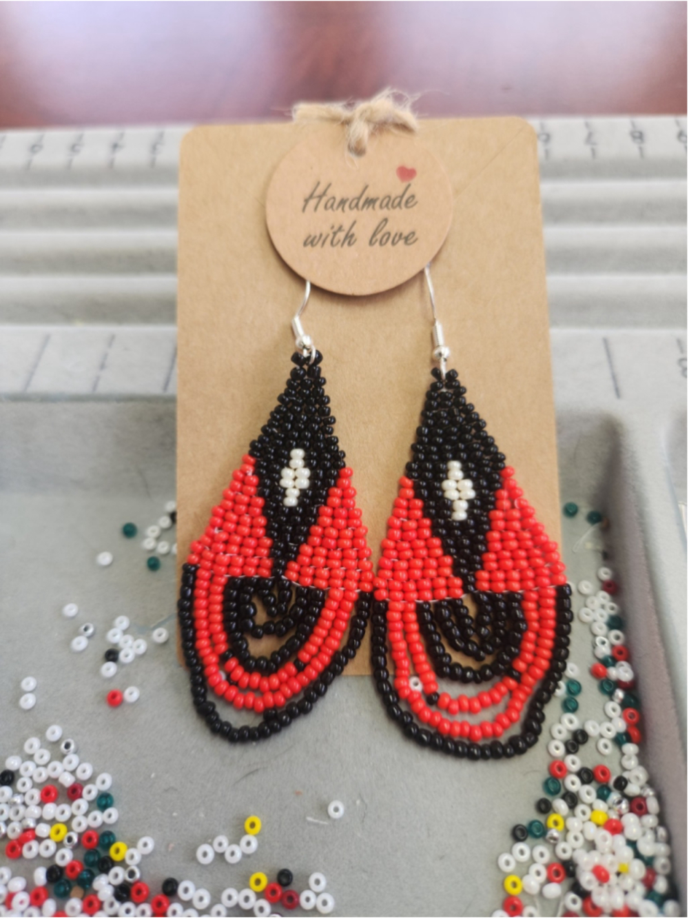 Handmade Beaded Teardrop Earrings Black Red with S925 hooks